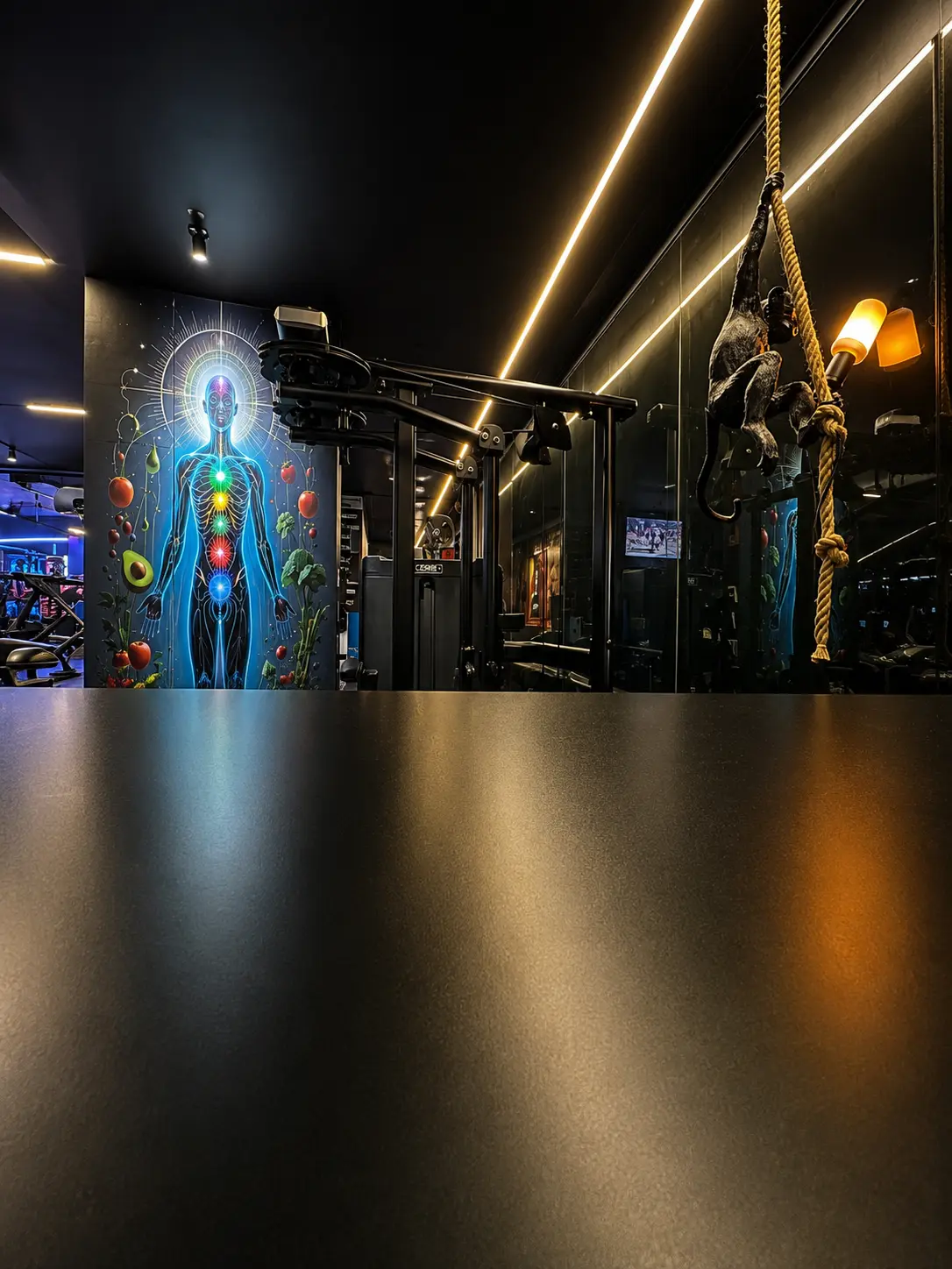 Wellness mural and climbing rope beside cable machines