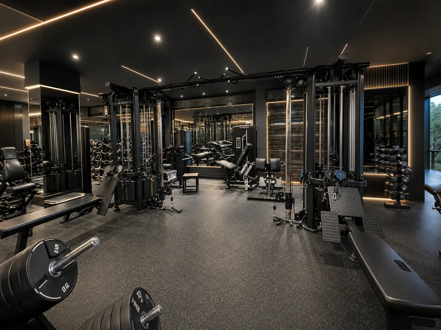 Cable crossover stations and dumbbell racks