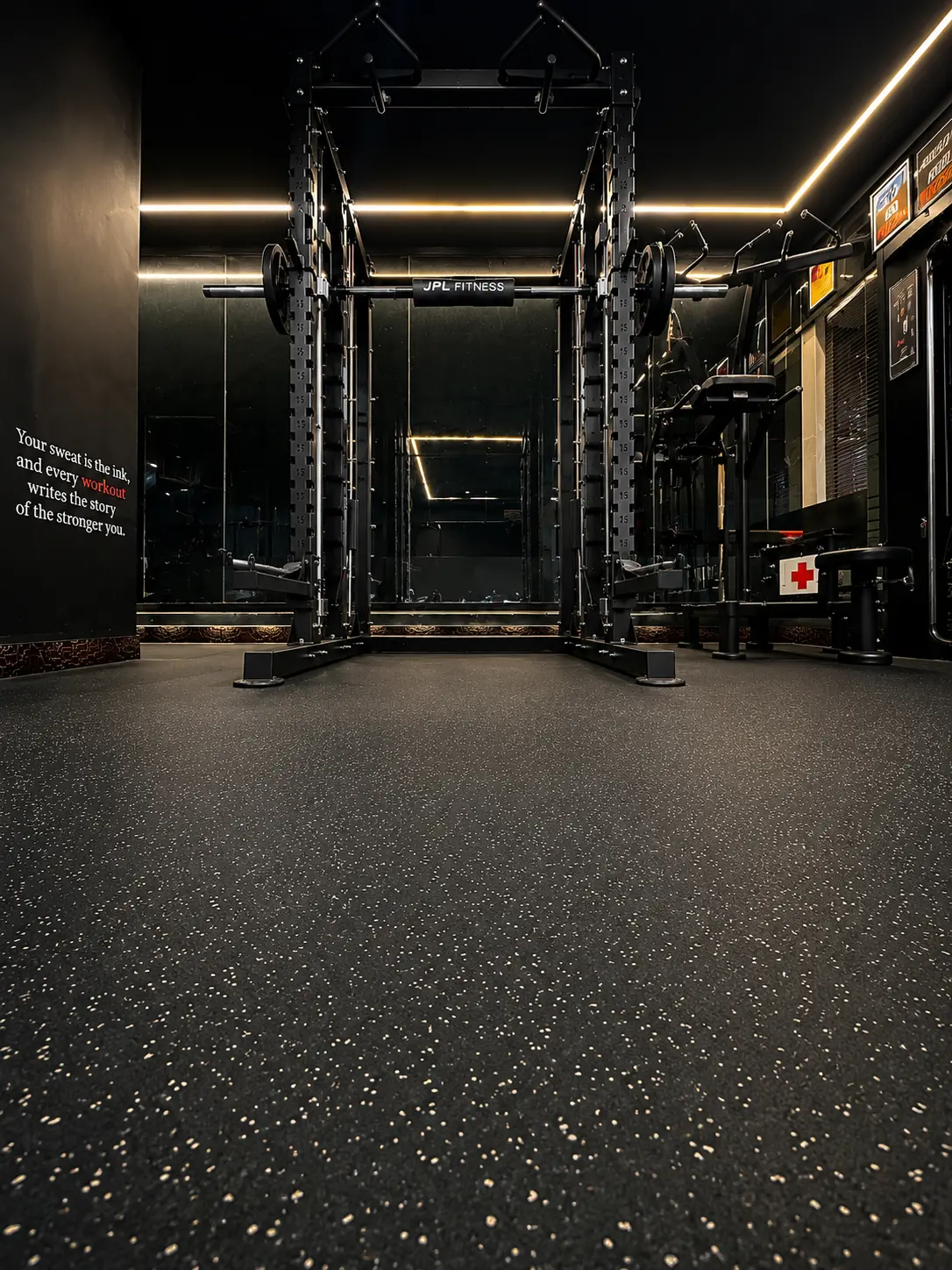 Power rack branded JPL Fitness with mirrored wall