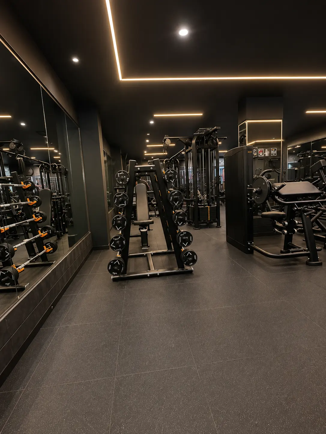 Barbell rack and strength machines on the main floor