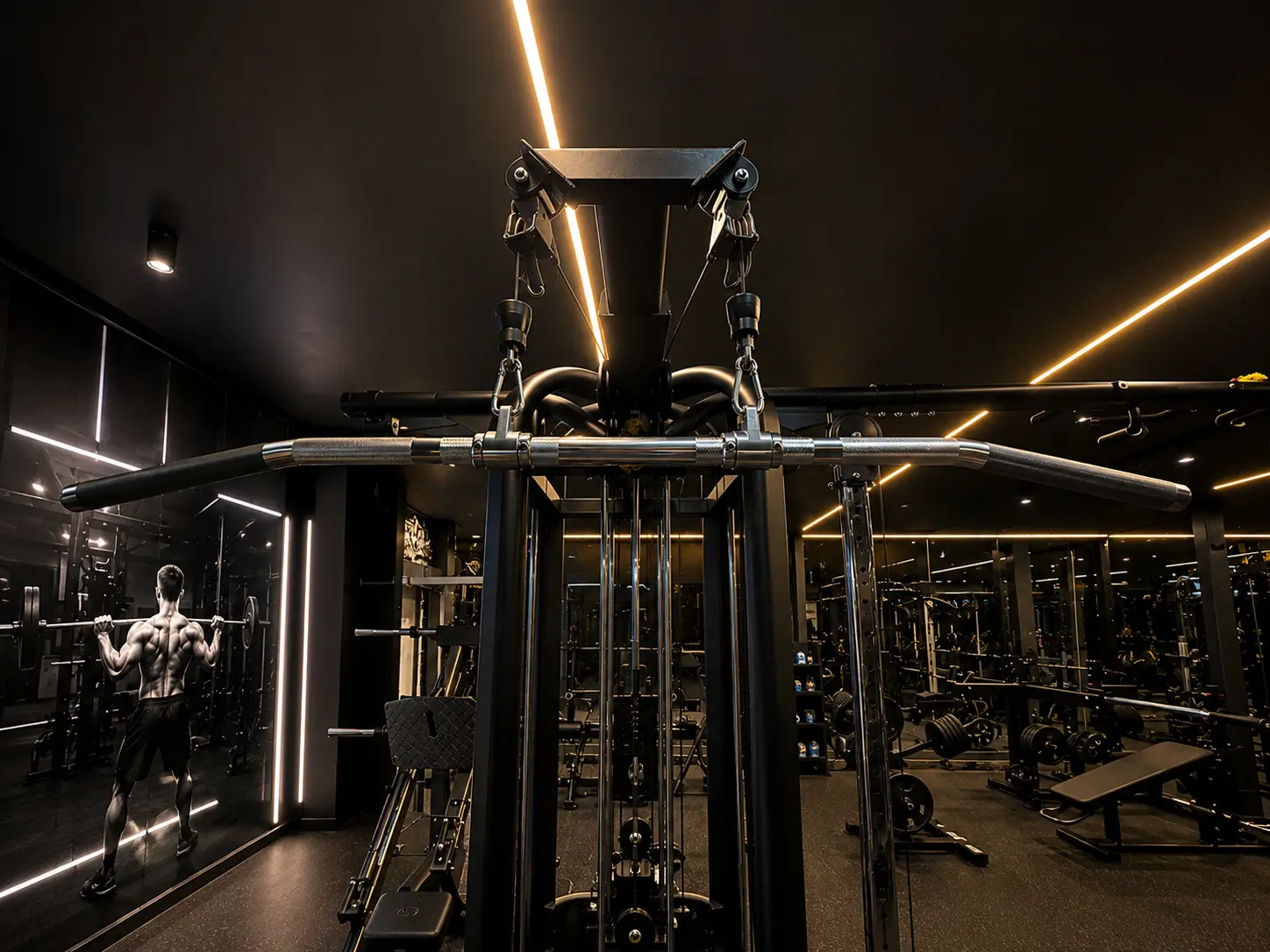 Lat pulldown station with mirrored strength floor