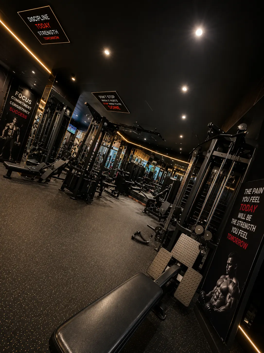 Pin-loaded machine row with motivational wall panels