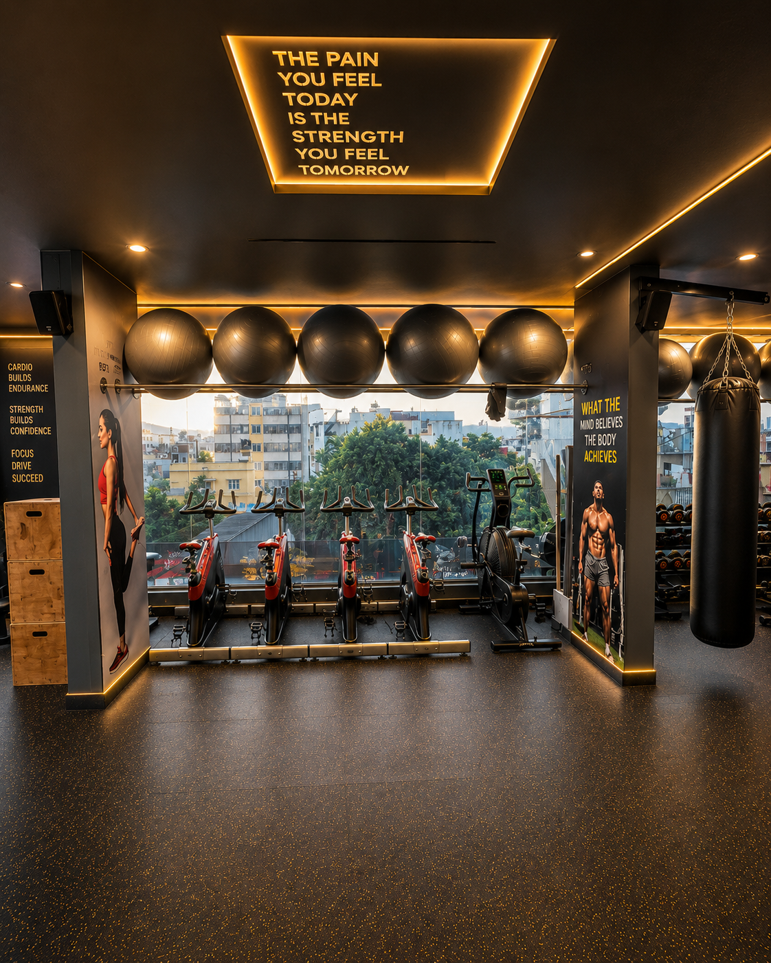 Spin bike studio with city view and illuminated motivational ceiling sign at JPL Fitness