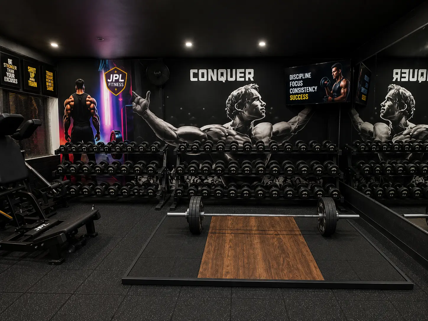 Free-weight zone with dumbbell racks and CONQUER mural