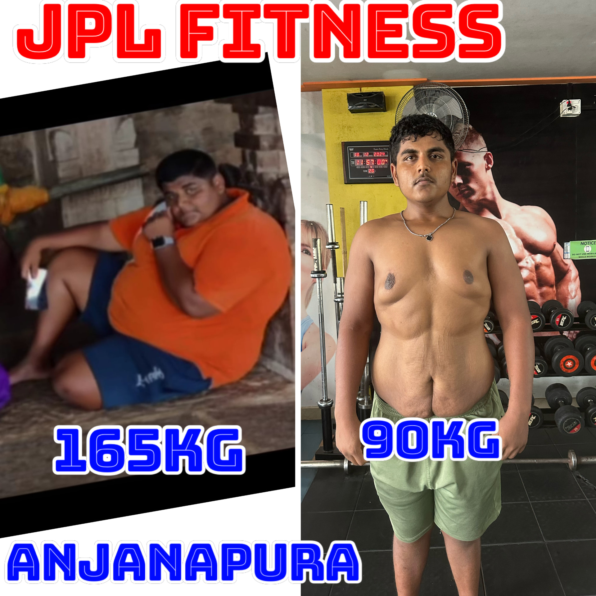 Male member 165kg to 90kg weight loss transformation at JPL Fitness