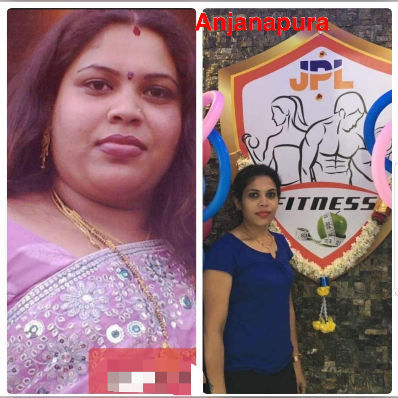 Female member weight loss transformation at JPL Fitness Anjanapura