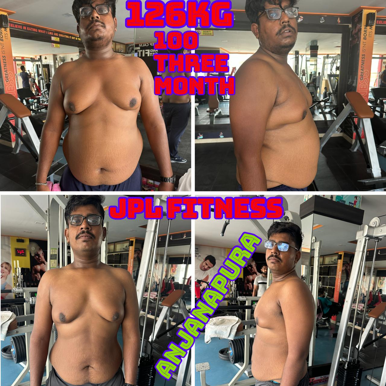 Male member 126kg to 100kg three month weight loss at JPL Fitness Anjanapura