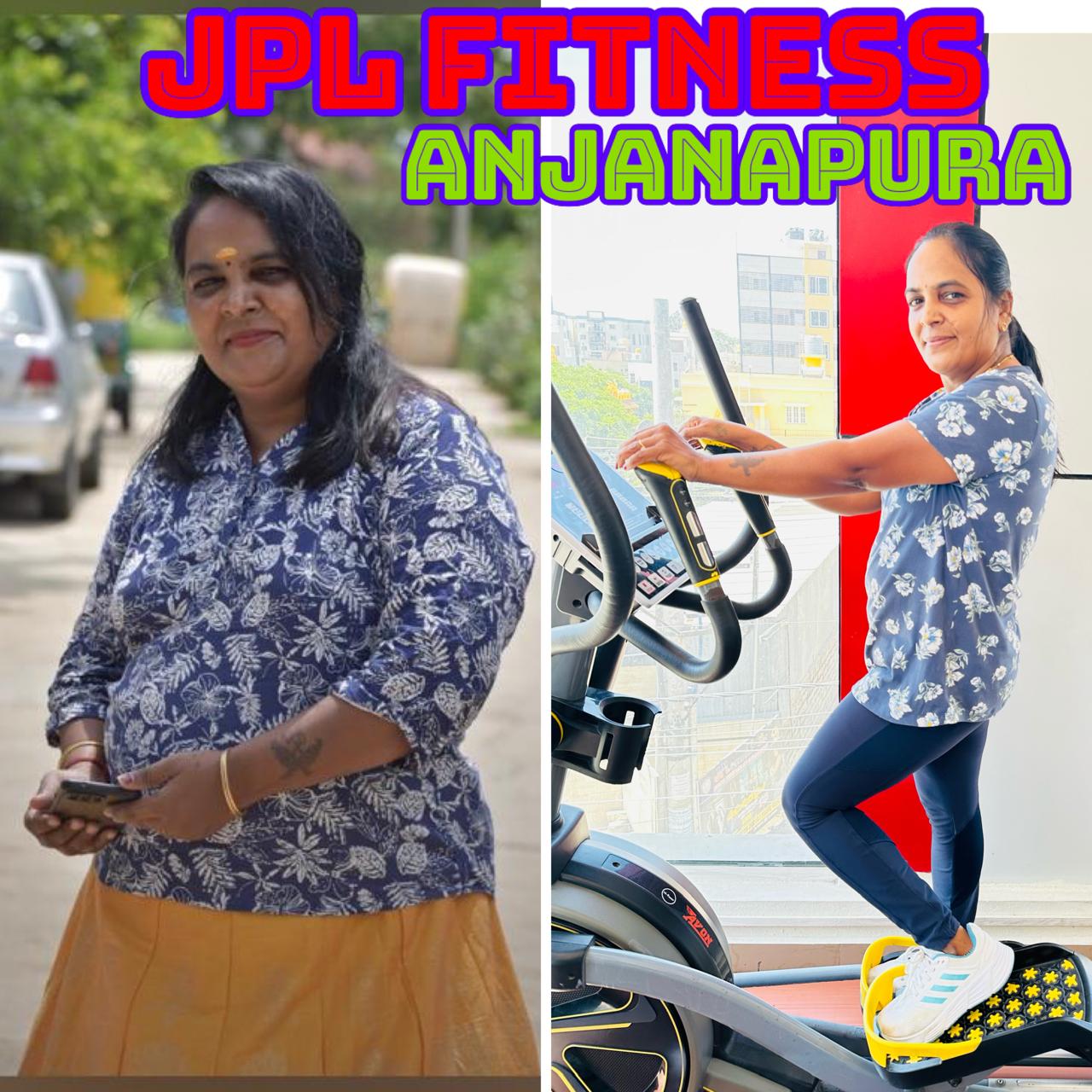 Female member weight loss transformation at JPL Fitness Anjanapura
